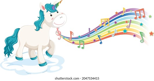 Blue unicorn standing on the cloud with melody symbols on rainbow illustration