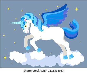 blue unicorn vector illustration on grey background with clouds and stars