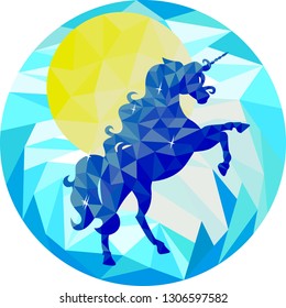 Blue unicorn and yellow sun on a blue background in the style of low-poly graphics. Print, postcard, sticker