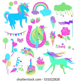 Blue unicorns with pink horseshoe and sweets on a white background.