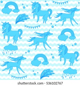 Blue unicorns with stars on a white and aquamarine background waves.
