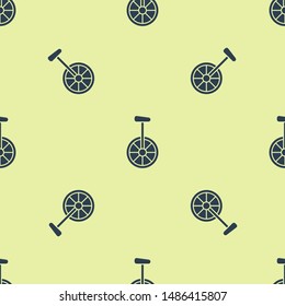 Blue Unicycle or one wheel bicycle icon isolated seamless pattern on white background. Monowheel bicycle.  Vector Illustration