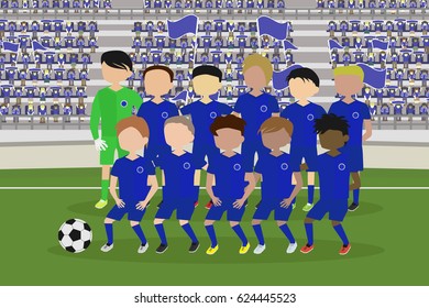 Blue uniform football team with crowd of fans on the grandstand in the background vector