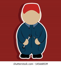 blue uniform mechanic, wrench in his hands and hat on a red striped background.