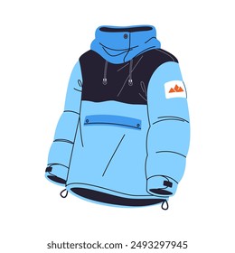 Blue unisex ski jacket icon. Modern snowboard coat. Outerwear, warm clothes for extreme winter sport. Equipment for mountains, cold weather. Flat isolated vector illustration on white background