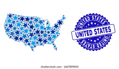 Blue United States map mosaic of stars, and scratched rounded seal. Abstract territory plan in blue color tinges. Vector United States map is designed of blue stars.