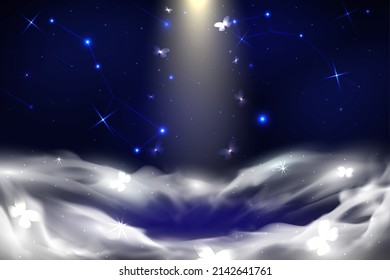 Blue universe abstract advertising background with endless space and constellation Ursa, stars and light portal vector illustration. 3d smoke waves in dark galaxy for fashion product presentation