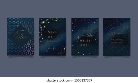 Blue Universe Wedding Invitation, Universe Invite Thank You, Rsvp Modern Card Design In Little Star Light In The Sky, Space Vector Elegant Rustic Template