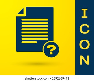 Blue Unknown document icon isolated on yellow background. File with Question mark. Hold report, service and global search sign. Vector Illustration