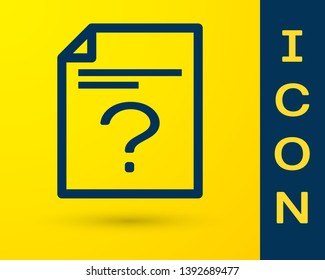 Blue Unknown document icon isolated on yellow background. File with Question mark. Hold report, service and global search sign. Vector Illustration