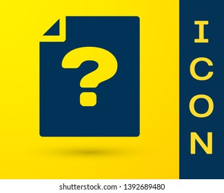 Blue Unknown document icon isolated on yellow background. File with Question mark. Hold report, service and global search sign. Vector Illustration