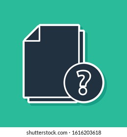 Blue Unknown document icon isolated on green background. File with Question mark. Hold report, service and global search sign.  Vector Illustration