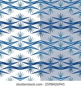 Blue unusual stylized ethnic seamless pattern. Decorative broken zigzag ornament in shades of blue. Creative abstract wavy design of multi rayed stars. Winter snowy background