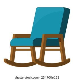 Blue upholstered rocking chair with wooden frame offers comfort and relaxation