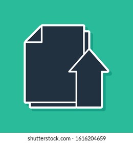 Blue Upload file document icon isolated on green background. Document arrow.  Vector Illustration