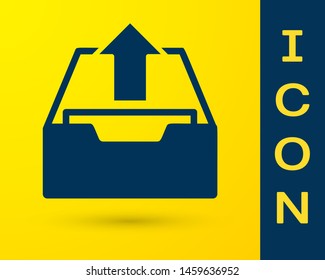 Blue Upload inbox icon isolated on yellow background. Extract files from archive.  Vector Illustration