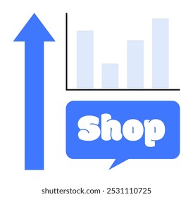 Blue upward arrow alongside a bar chart and a dialog box saying Shop. Ideal for illustrating business growth, retail success, marketing strategies, economic trends, and e-commerce performance. Flat