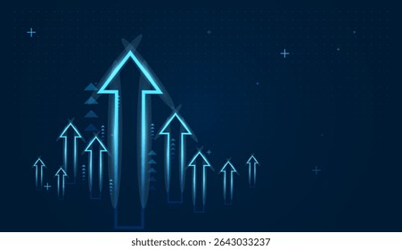 Blue upward arrow alongside increasing numerical values, visually representing positive growth, progress, or success in metrics like sales, revenue, or performance