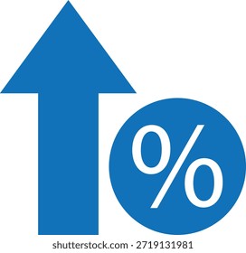 Blaues Aufwärtspfeilsymbol neben einem Prozentzeichen, das Wachstum, Zunahme und positiven Prozenttrend symbolisiert. Vektorgrafik