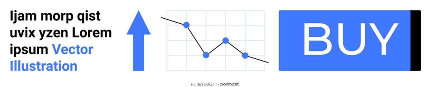 Blue upward arrow, line graph with data points, blue BUY button, and placeholder text. Ideal for business growth, marketing, e-commerce, web development, economics, analytics, advertising. Landing