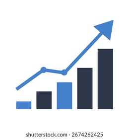 Una flecha azul hacia arriba y un gráfico de líneas sobre un gráfico de barras, que representa el crecimiento financiero.