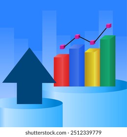 A blue upward arrow standing on a platform, with a bar graph representing growth on another platform. Suitable for business infographic trend content