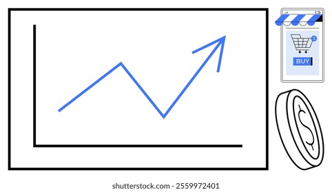 Blue upward graph line on black axis, online shopping cart with buy button, and dollar coin. Ideal for ecommerce, sales, growth, financial success, market trends. Clean minimalist style