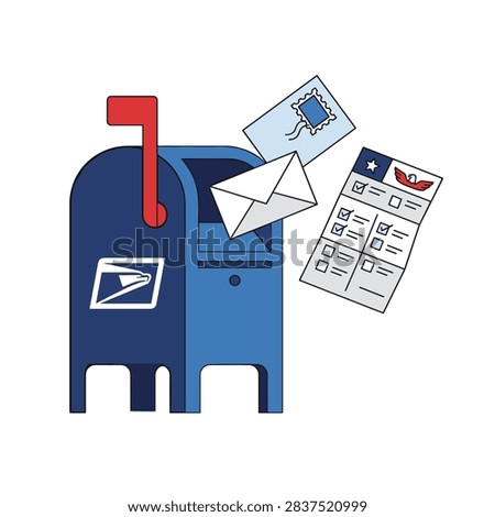 Blue US mailbox with raised flag, envelope, stamped letter, and election ballot for postal voting concept.