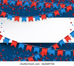 Blue USA background with flags and stars. Vector paper illustration.