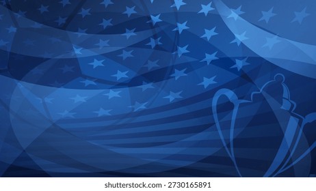 Blue USA flag background with soccer trophy, USA stars, stripes, abstract fluid shapes, soccer world cup theme.