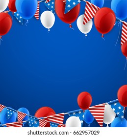Blue USA Independence Day Hintergrund mit Flaggen und Ballons. Vektorgrafik.