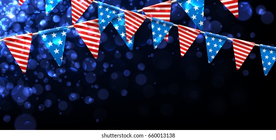 Blue USA Independence Day banner with American flags. Vector illustration.