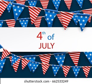 Blue USA Independence Day banner with American flags. Vector paper illustration.