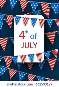 Blue USA Independence Day card with American flags. Vector paper illustration.