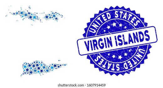 Blue USA Virgin Islands map composition of stars, and distress rounded seal. Abstract geographic scheme in blue color hues. Vector USA Virgin Islands map is designed with blue stars.