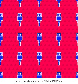 Icono del cable USB azul aislado sin problemas en el fondo rojo. Conectores y enchufes para PC y dispositivos móviles. Ilustración vectorial