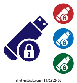 Blue USB flash drive with closed padlock icon isolated on white background. Security, safety, protection concept. Set color icon in circle buttons. Vector Illustration