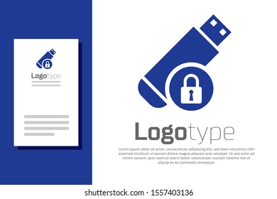 Blue USB flash drive with closed padlock icon isolated on white background. Security, safety, protection concept. Logo design template element. Vector Illustration