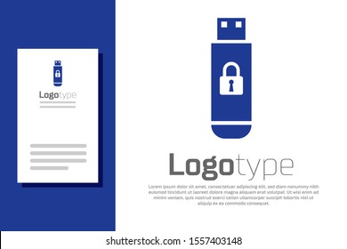 Blue USB flash drive with closed padlock icon isolated on white background. Security, safety, protection concept. Logo design template element. Vector Illustration