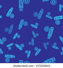 Blue USB flash drive and gear icon isolated seamless pattern on blue background. Adjusting app, service concept, setting options, maintenance, repair, fixing. Vector Illustration