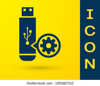 Blue USB flash drive and gear icon isolated on yellow background. Adjusting app, service concept, setting options, maintenance, repair, fixing. Vector Illustration