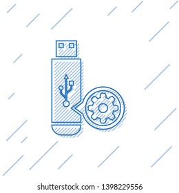 Blue USB flash drive and gear line icon isolated on white background. Adjusting app, service concept, setting options, maintenance, repair, fixing. Vector Illustration