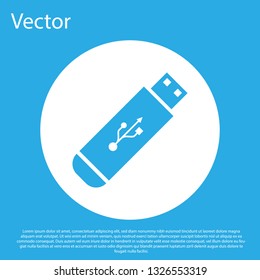 Blue USB flash drive icon isolated on blue background. White circle button. Flat design. Vector Illustration