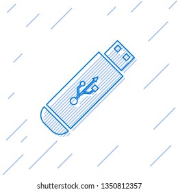 Blue USB flash drive line icon isolated on white background. Vector Illustration