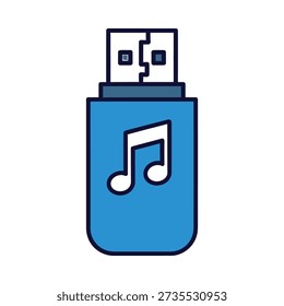 Blue usb flash drive with music note icon on white background for data storage and music transfer