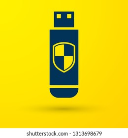Blue USB flash drive and protection shield icon isolated on yellow background. Vector Illustration