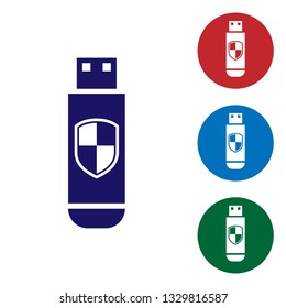 Blue USB flash drive and protection shield icon isolated on white background. Set color icon in circle buttons. Vector Illustration