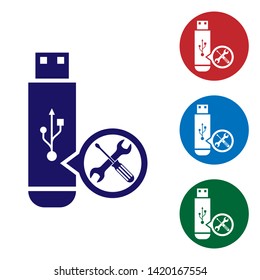 Blue USB flash drive with screwdriver and wrench icon isolated on white background. Adjusting, service, setting, maintenance, repair, fixing. Set color icon in circle buttons. Vector Illustration