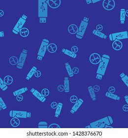 Blue USB flash drive with screwdriver and wrench icon isolated seamless pattern on blue background. Adjusting, service, setting, maintenance, repair, fixing.  Vector Illustration
