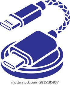 Blue usb type c connector graphic illustration with braided cord and power socket on transparent grid background.